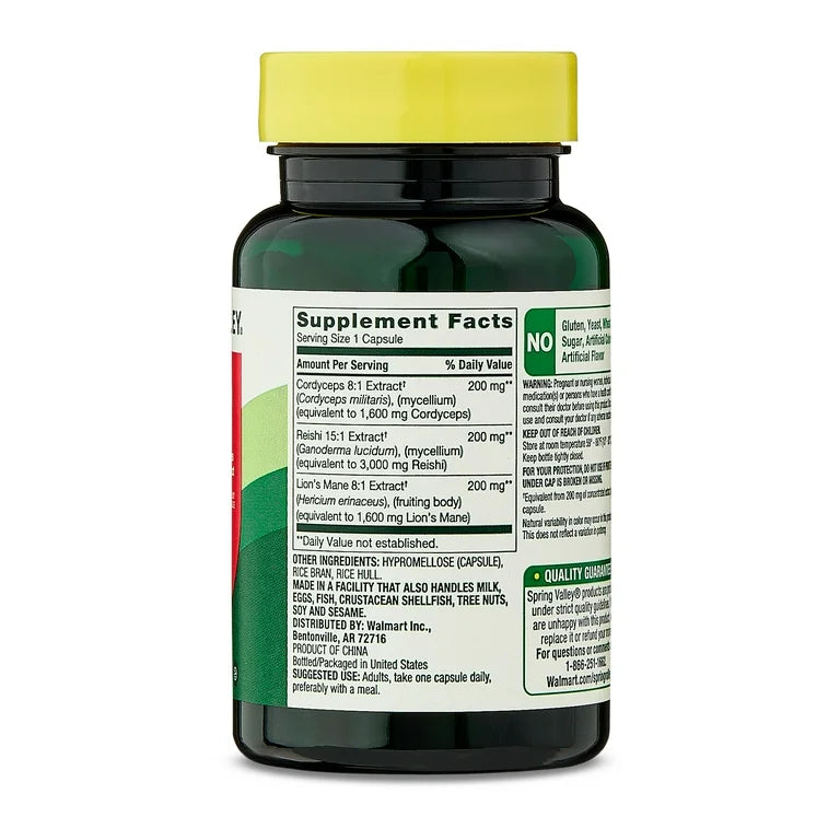 Spring Valley Mushroom Complex 6200 mg | Cordyceps, Reishi & Lion’s Mane Mushroom Extracts | Cognitive Support | Supports Heart Health, Energy, Stamina & Immune Function | Promotes Mental Clarity | 30 Capsules; Exp 01/2028