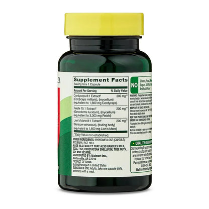 Spring Valley Mushroom Complex 6200 mg | Cordyceps, Reishi & Lion’s Mane Mushroom Extracts | Cognitive Support | Supports Heart Health, Energy, Stamina & Immune Function | Promotes Mental Clarity | 30 Capsules; Exp 01/2028
