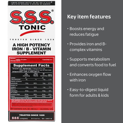 S.S.S. Tonic - Iron and Vitamins B1, B2 & B3 | Liquid with 12% Alcohol | 10 fl.oz (300ml); Exp 05/2028