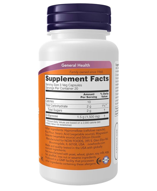 Now D-Mannose 500 mg | Promotes Healthy Urinary Tract | Cleanses & Maintains a Healthy Bladder Lining | 60 Capsules; Exp 12/2029