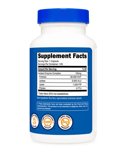 Nutricost Lactase Enzyme Complex 3000 ALU | Digestive Enzymes | For People With Lactose Intolerance 120 Capsules; Exp 08/27