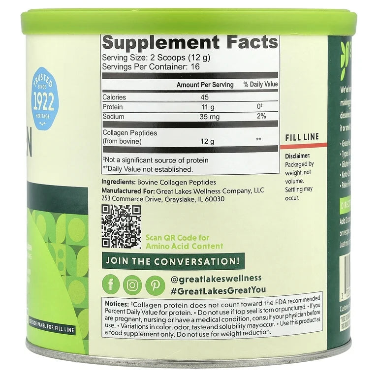 Great Lakes Wellness Collagen Peptides Powder | Supports Skin, Hair, Nails, Joints & Digestion | Bovine Collagen 12g | Hydrolyzed, Quick Dissolve| 7oz, 198g; Exp 07/2029