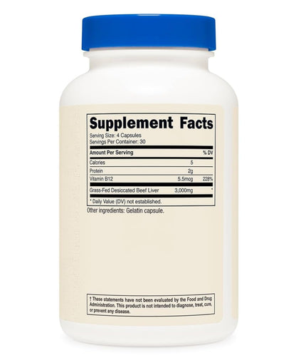 Nutricost Desiccated Beef Liver Capsules 3000mg (750mg Per Cap) | 100% Pure Defatted | Natural Source of Iron & Vitamin B 12 | No Hormones, Pasture-Raised, Free-Range Grass Fed Beef | 120 Capsules; Exp 04/2028