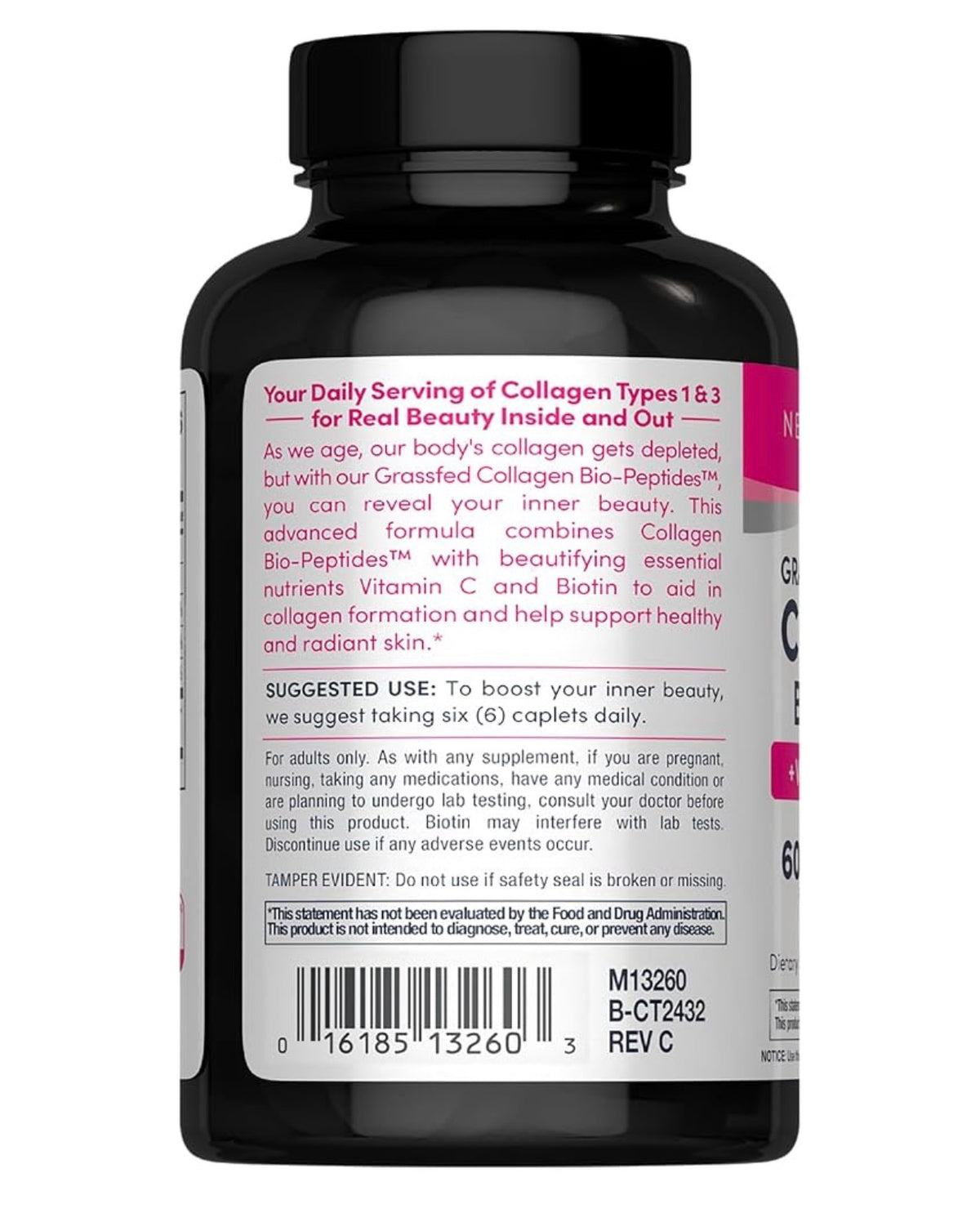 NeoCell Grassfed Collagen Bio-Peptides + Vitamin C + Biotin | Formerly Super Collagen | For Glowing Skin | 180 Caplets; Exp 11/2028 (New Look)