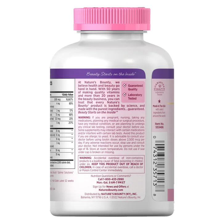 Nature's Bounty Advanced Hair, Skin and Nail Biotin & Vitamins A, C, & E, Women's Multivitamin | 83 Servings | with 5000mcg Biotin | 250 Softgels; Exp 05/2027