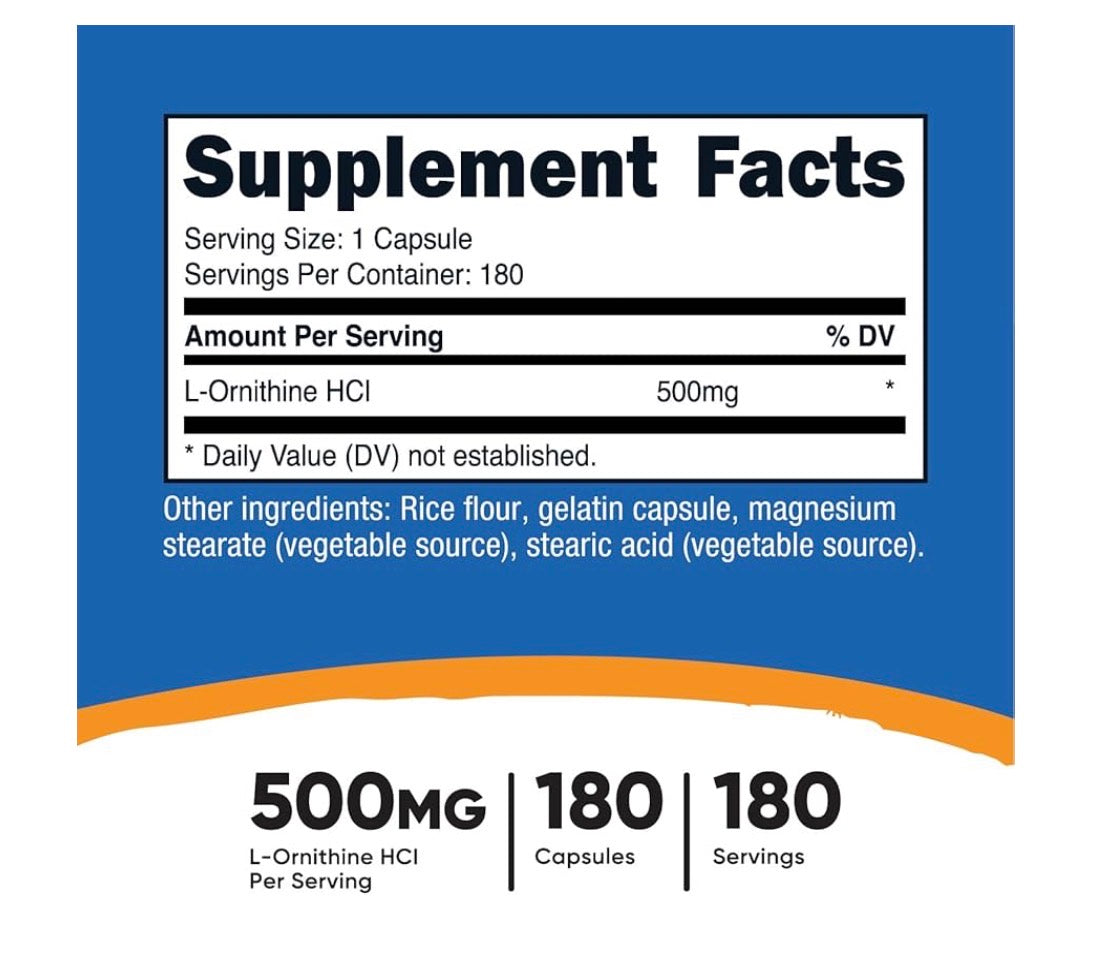 Nutricost L-Ornithine 500mg | Helps with Detoxification & Nitrogen Waste Removal | Lowers Stress Markers | Improves Mood & Sleep Quality | 180 Capsules; Exp 01/2029