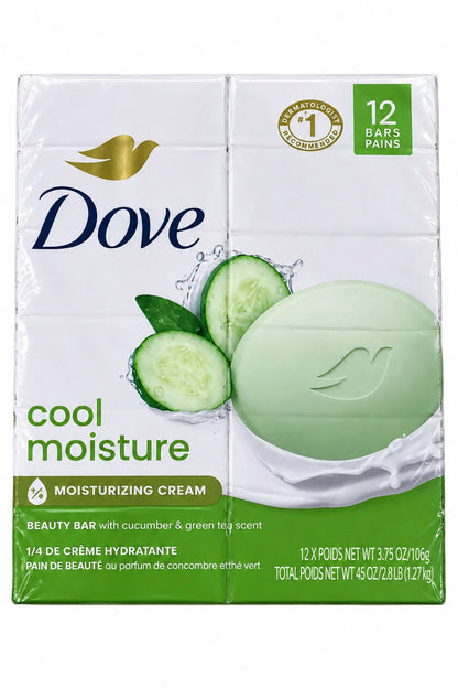 Dove Cool Moisture Beauty Bar | Moisturizing Beauty Bar with Cucumber & Green Tea for Refreshed, Soft Skin | 3.75oz/106g - 12 Bars of Soap