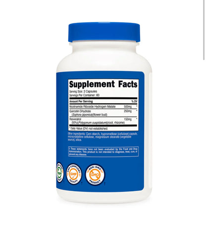 Nutricost Nicotinamide Riboside 500mg + Resveratrol 150mg | with Quercetin 250mg | Supports Cognition,  Heart Health, Metabolism and Healthy Weight | 120 Capsules; Exp 05/2028