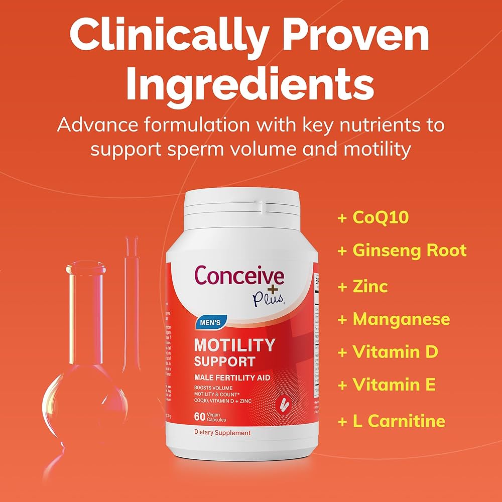CONCEIVE PLUS Motility Support for Men | Formulated to Boost Sperm Volume & Motility | Vitamin D, Vitamin E, Zinc, Spermidine, Antioxidants | Enhances Sex Drive | 60 Capsules; Exp 11/2028 (New Look)