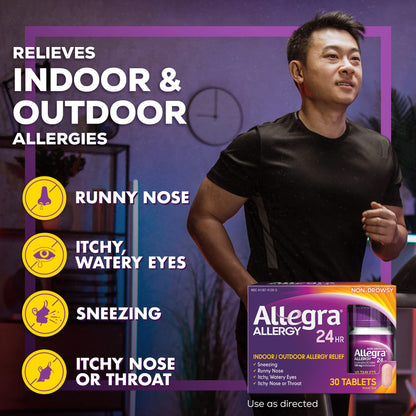 Allegra Adult 24HR Non-Drowsy Antihistamine Fexofenadine HCl tablet 180mg | Fast-Acting Allergy Symptom Relief | 30 Tablets Exp 09/2025