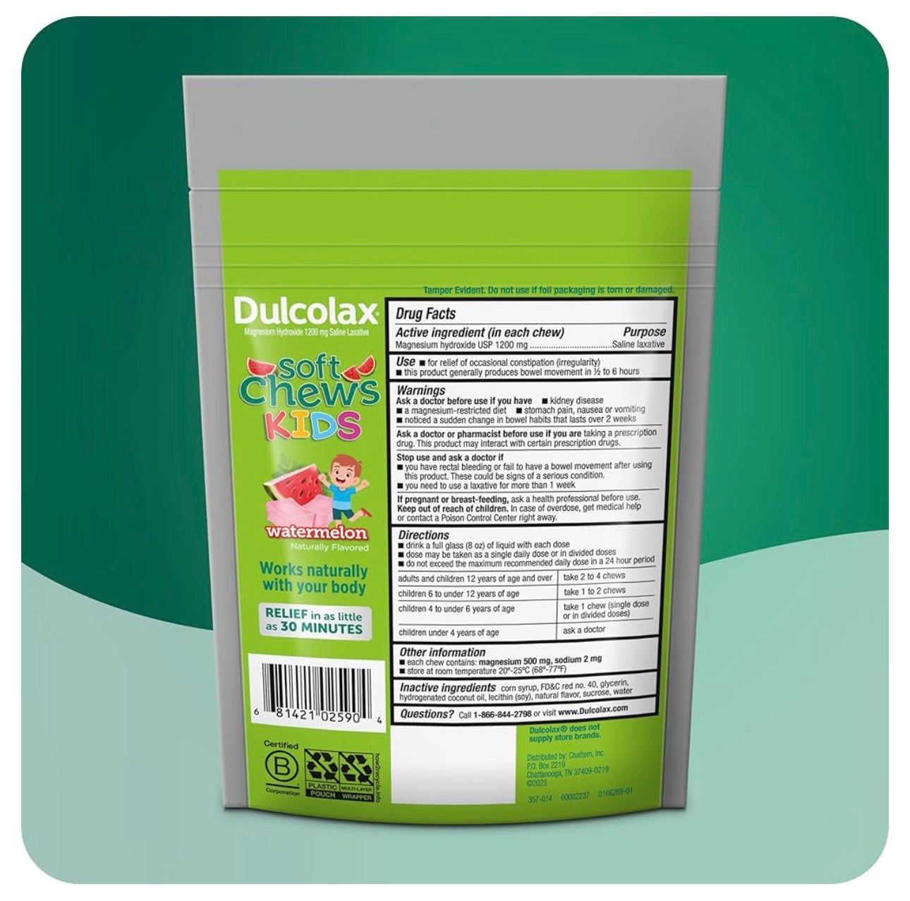 Dulcolax Kids Saline Laxative Soft Chews | Magnesium Hydroxide 1200 mg | Softens Stool | Gentle Constipation Relief for Kids Aged 4 Years & Above | Stimulant-Free Laxatives | Watermelon Flavor~15 Soft Chews; Exp 08/2026