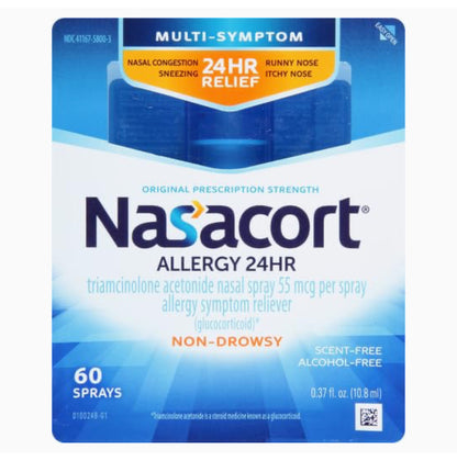 Nasacort 24HR Allergy Nasal Spray for Adults | Triamcinolone Acetone (Glucocorticoid) 55mcg | Non-drowsy & Alcohol-Free, 60 Sprays, 0.37 fl.oz. Exp 10/2025