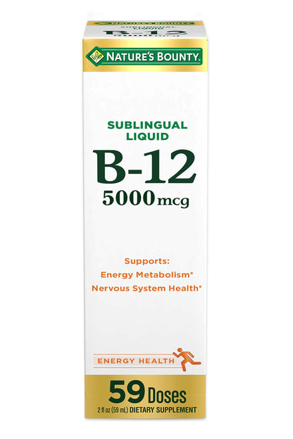 Nature's Bounty Vitamin B 12 5000 Mcg Sublingual Liquid | 59 Doses | Supports Cardiovascular Health & Cellular Energy | 2 fl.oz/59ml, Exp 03/2026