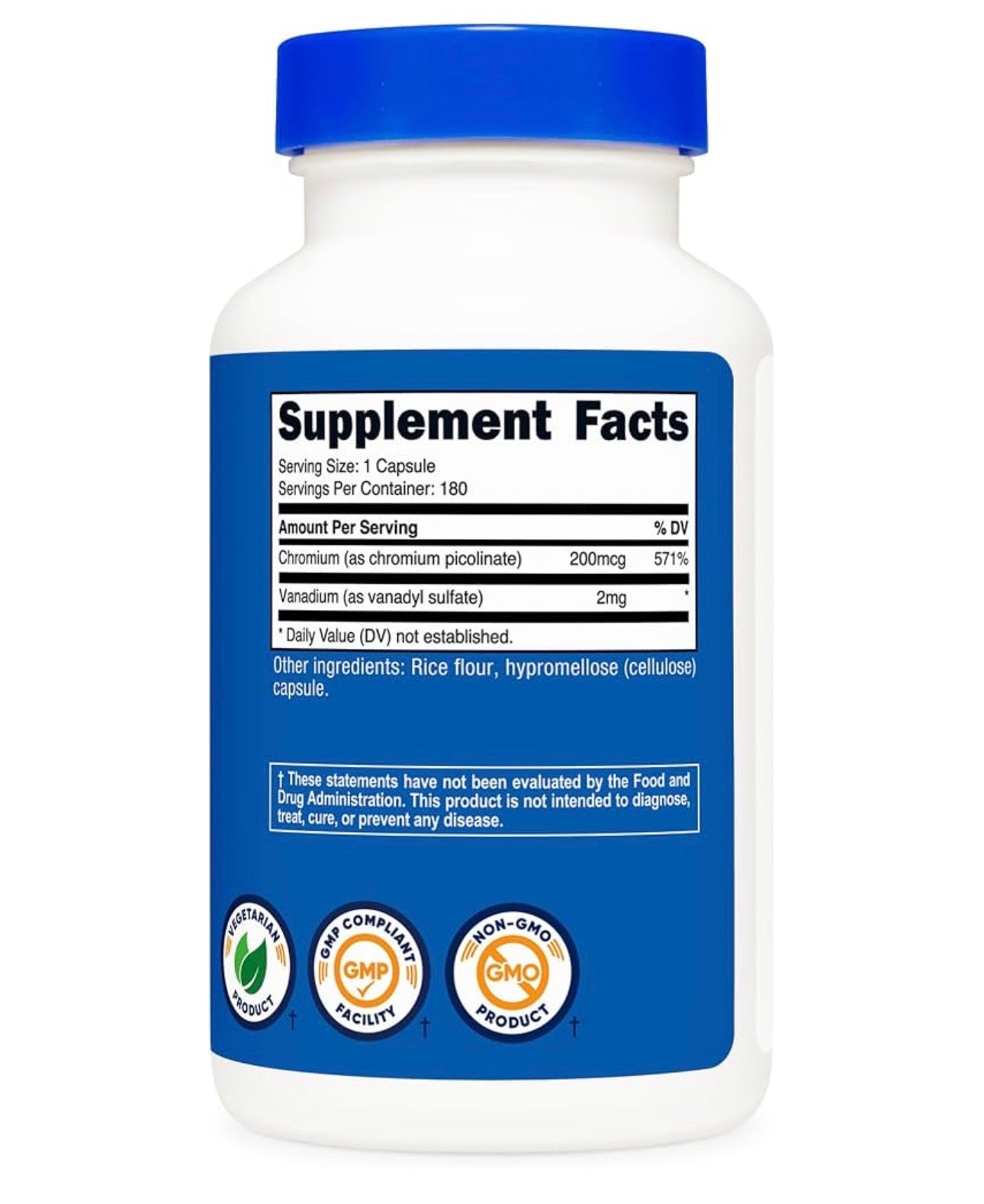 Nutricost Vanadium + Chromium ~ Vanadyl Sulfate 2mg with Chromium Picolinate 200mcg | Supports Blood Sugar Control & Enhances Insulin Sensitivity | 180 Capsules; Exp 01/2029