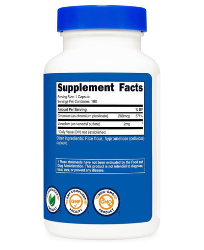 Nutricost Vanadium + Chromium ~ Vanadyl Sulfate 2mg with Chromium Picolinate 200mcg | Supports Blood Sugar Control & Enhances Insulin Sensitivity | 180 Capsules; Exp 01/2029