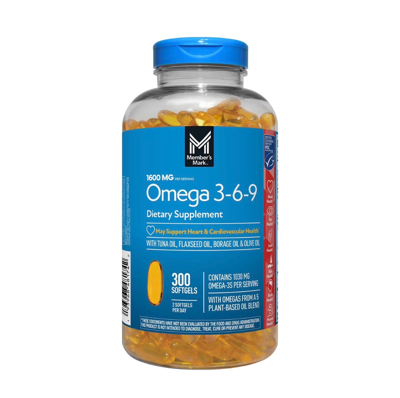 Member's Mark Omega 3-6-9 1600mg | with Esterified Tuna Fish Oil, Cold Pressed Flaxseed Oil, Safflower Oil, Borage Oil, Extra Virgin Olive Oil & Evening Primrose Oil | 300 Softgels; Exp 09/2027