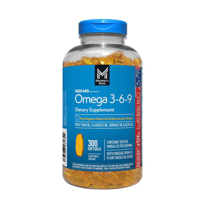 Member's Mark Omega 3-6-9 1600mg | with Esterified Tuna Fish Oil, Cold Pressed Flaxseed Oil, Safflower Oil, Borage Oil, Extra Virgin Olive Oil & Evening Primrose Oil | 300 Softgels; Exp 09/2027