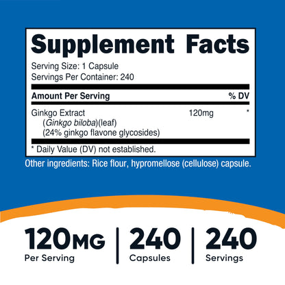Nutricost Ginkgo Biloba 120mg | Extra Strength Ginkgo Biloba Extract | Supports Brain Function & Mental Alertness | 240 Capsules Exp 09/2027