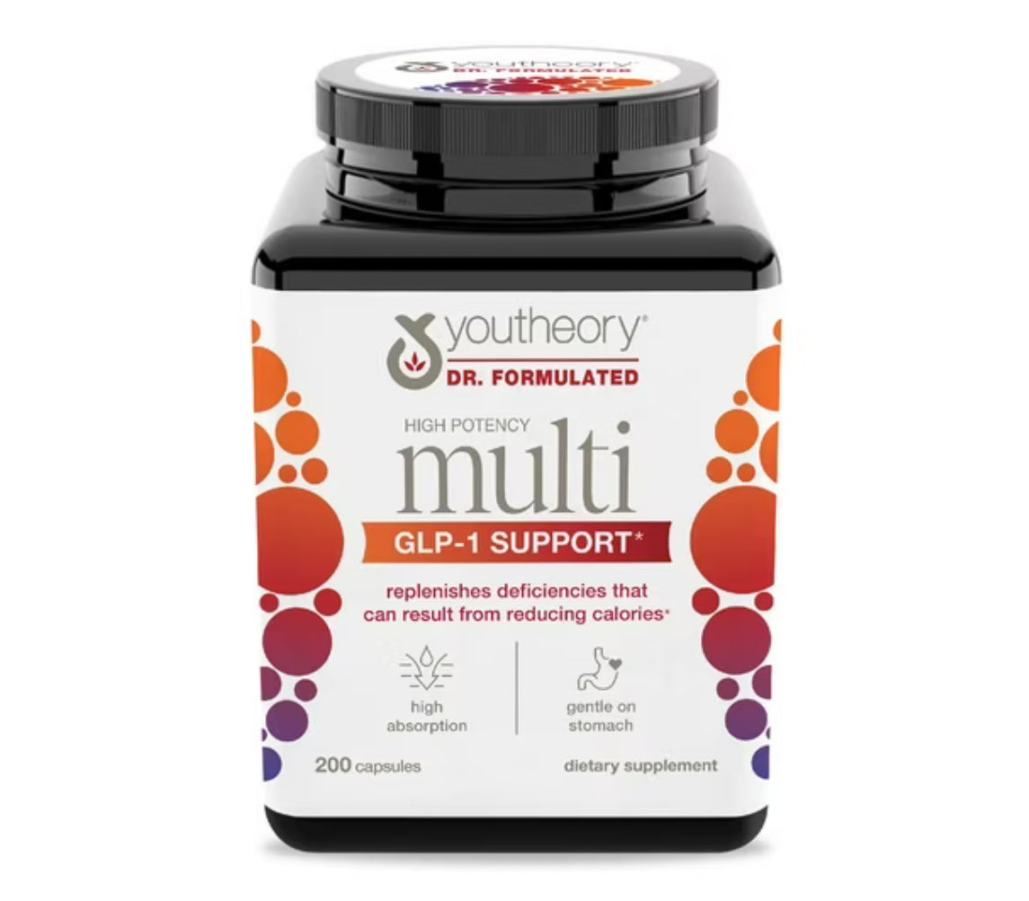 Youtheory High Potency Multi GLP-1 Support - High Absorption Multivitamins | Over 20 Highly Absorbable Methylated Vitamins & Chelated Minerals | For Immune Support & Bone Health | Gentle on Stomach | 200 Capsules; Exp 05/2027