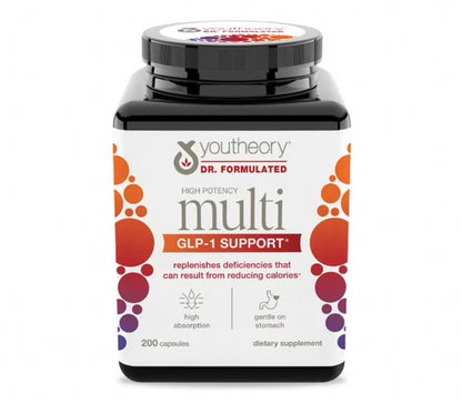 Youtheory High Potency Multi GLP-1 Support - High Absorption Multivitamins | Over 20 Highly Absorbable Methylated Vitamins & Chelated Minerals | For Immune Support & Bone Health | Gentle on Stomach | 200 Capsules; Exp 05/2027