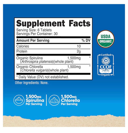 Nutricost Organic Spirulina + Chlorella 3,000mg | 1,500mg Spirulina, 1,500mg Chlorella | Supports Detoxification | Powerhouse Superfoods | 180 Tablets; Exp 08/2028
