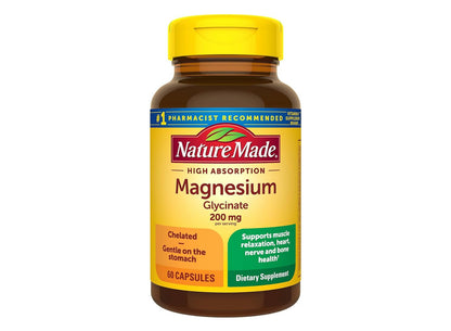 Nature Made Magnesium Glycinate 200mg per Serving | Supports Muscle Relaxation, Heart, Nerve and Bone | Magnesium Bisglycinate | 60 Capsules; Exp 04/2026