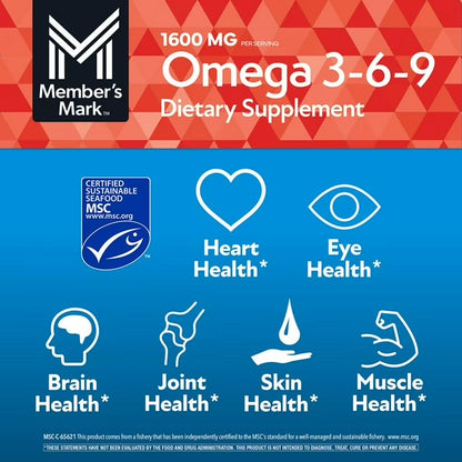 Member's Mark Omega 3-6-9 1600mg | with Esterified Tuna Fish Oil, Cold Pressed Flaxseed Oil, Safflower Oil, Borage Oil, Extra Virgin Olive Oil & Evening Primrose Oil | 300 Softgels; Exp 09/2027