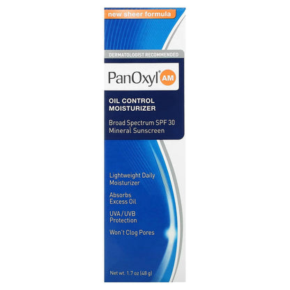 PanOxyl AM Oil Control Moisturizer with Hyaluronic Acid & Mineral Sunscreen | Acne Treatment | All Skin Types, 1.7oz/50ml Exp 09/2025