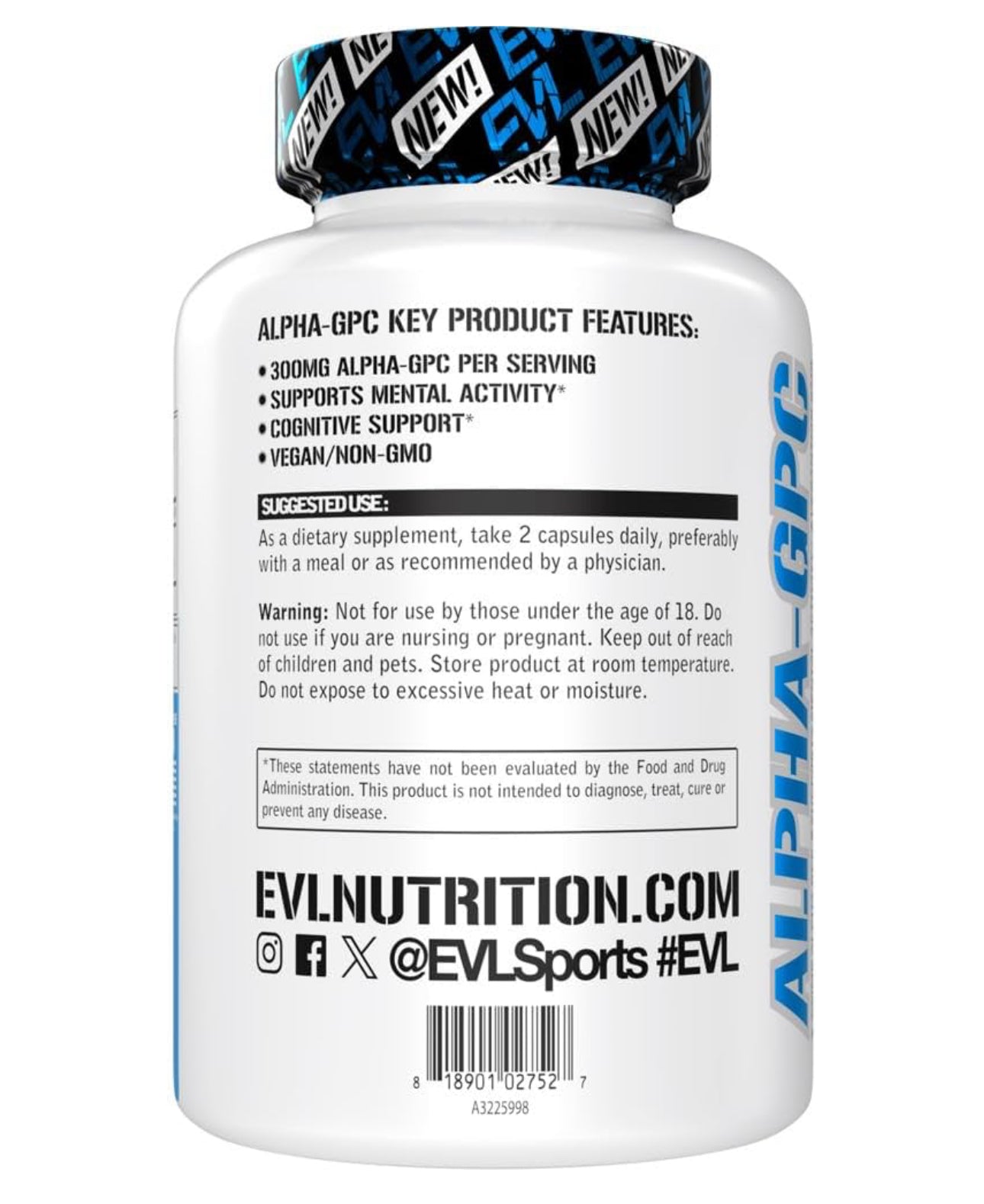 EVL Alpha GPC 600 mg Choline | Nootropics | L-alpha-glycerylphosphorylcholine | Bioavailable Source of Choline | Acetylcholine Precursor & Mood Booster | Brain, Memory & Focus Support | 60 Capsules; Exp 08/2027