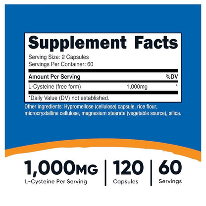 Nutricost L-Cysteine 1000mg | Free Form to Promote Optimal Absorption & Assimilation | Important for Skin, Hair & Nail Health | 120 Capsules; Exp 04/2029