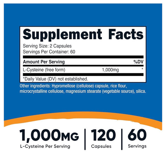 Nutricost L-Cysteine 1000mg | Free Form to Promote Optimal Absorption & Assimilation | Important for Skin, Hair & Nail Health | 120 Capsules; Exp 04/2029