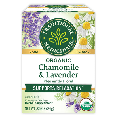 Traditional Medicinals Organic Chamomile & Lavender | Chamomile, Lemon Balm & Lavender Blend | For Stress Relief and Relaxation | 16 Tea Bags; Exp 02/2029