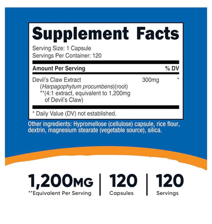 Nutricost Devil’s Claw Extract 1200mg | Joint Inflammation Relief | 120 Capsules; Exp 01/2029