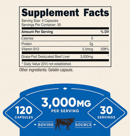 Nutricost Desiccated Beef Liver Capsules 3000mg (750mg Per Cap) | 100% Pure Defatted | Natural Source of Iron & Vitamin B 12 | No Hormones, Pasture-Raised, Free-Range Grass Fed Beef | 120 Capsules; Exp 04/2028