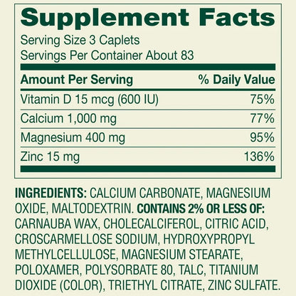 Spring Valley Calcium, Magnesium & Zinc Plus Vitamin D3 | Supports Bone & Muscle Health | 250 Caplets; Exp 03/2027 (New Look)