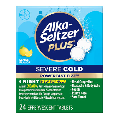 Alka-Seltzer (by Bayer) Plus Severe Cold PowerFast Fizz, Nighttime Cold Symptom Relief, 24 Effervescent Tablets Exp 01/2025