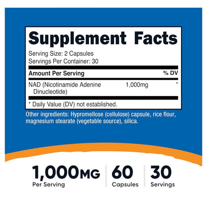 Nutricost NAD+ 1000mg Nicotinamide Adenine Dinucleotide | Promotes Healthy Cellular Metabolism & Energy Production | Helps Fight General Fatigue & Promotes Longevity | 60 Capsules; Exp 04/2029