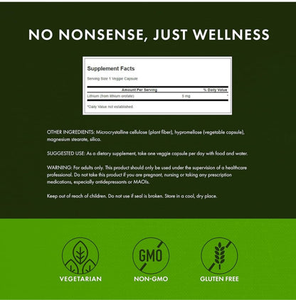 Swanson Lithium Ororate 5mg | Brain and Nervous System Health |
Supports Healthy Mood, Emotional Wellness, Behavior, Memory and Neurotransmitter Activity | 60 Capsules; Exp 05/2028