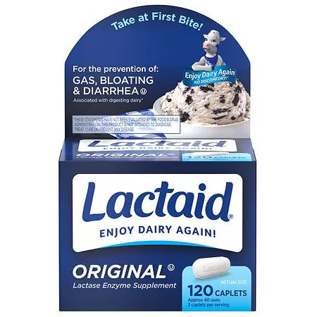 Lactaid Original Strength Lactase Enzyme | 9000 FCC Lactase Enzyme/Serving | 40 Servings | Prevents Gas, Bloating & Diarrhea Associated with Lactose Intolerance | Suitable for Adults & Children, Ages 4 & up
120 Caplets; Exp 02/2028