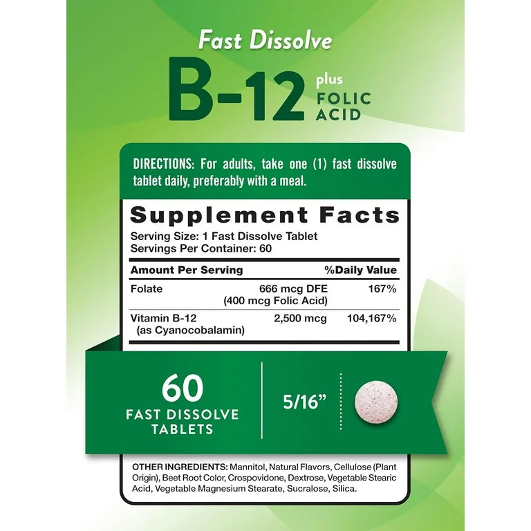 Nature's Truth Vitamin B-12 plus Folic Acid | Cyanocobalamin B12 2,500mcg & Folate 666 mcg DFE | 60 Chewable Tablets; Exp 01/2027