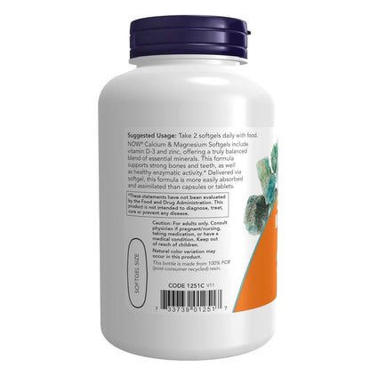 NOW Calcium & Magnesium with Vitamin D3 & Zinc | Supports Bone Health | 120 Softgels; Exp 07/2029