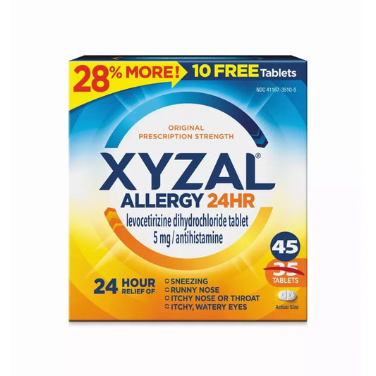 Xyzal 24 Hour Antihistamine Adult Allergy Relief, Levocetirizine, 5 mg, (35 + 10 Bonus Pack) 45 Tablets Exp 04/2026