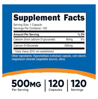 Nutricost Calcium D-Glucarate 500mg | Promotes a Healthy Inflammatory Response | Provides Healthy Detoxification Support 120 Capsules; Exp 08/2028