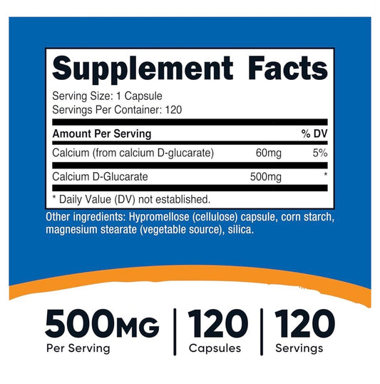 Nutricost Calcium D-Glucarate 500mg | Promotes a Healthy Inflammatory Response | Provides Healthy Detoxification Support 120 Capsules; Exp 02/2029