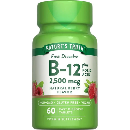 Nature's Truth Vitamin B-12 plus Folic Acid | Cyanocobalamin B12 2,500mcg & Folate 666 mcg DFE | 60 Chewable Tablets; Exp 01/2027