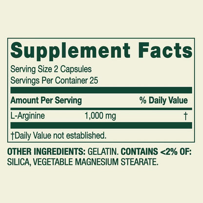 Spring Valley L-Arginine 1000mg | Energy & Cardiovascular Support | 50 Caplets; Exp 10/2027