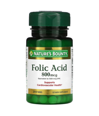Nature's Bounty Folic Acid 800 mcg | Maximum Strength | Supports Cardiovascular Health | 250 Tablets, Exp 05/2027