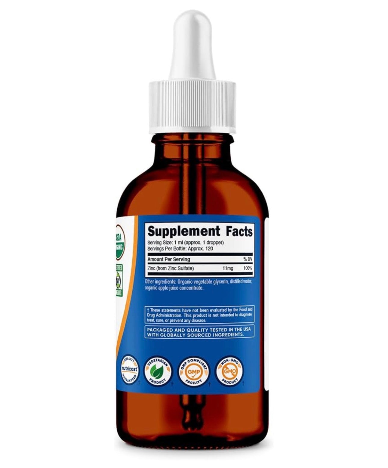 Nutricost Organic Ionic Zinc Liquid Drops 11mg per Serving | Zinc Sulfate | 120 Servings | 4 fl.oz/120ml; 06/2028