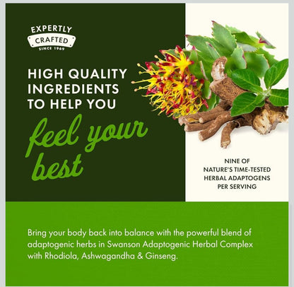 Swanson Adaptogenic Herbal Complex | with Rhodiola, Ashwagandha & Ginseng | Stress Support | Supports Energy & Overall
Immune Function | 60 Capsule; Exp 04/2028