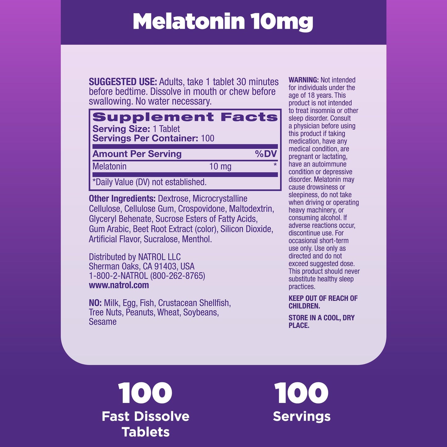 Natrol Fast Dissolve Melatonin 10mg | Nighttime Sleep Aid for Adults | 100-Day Supply | Strawberry Flavor, 100 Tablets, Exp 04/2026